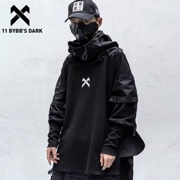 11 BYBB'S DARK Japanese Streetwear Man Hoodies Hip Hop Embroideried Pullover Patchwork Fake Two Darkwear Tops Techwear Hoodies 210728