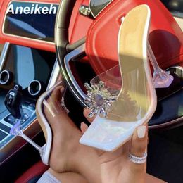 Summer Sexy CRYSTAL Sun Flowert Square toe Sandals Slides High Heel Slippers Outside Party Slip On Thin Heels Women Mule 210507