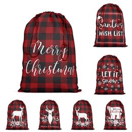 Gift Wrap Red and Black Plaid Present Bag with Drawstring Christmas Santa Sack Xmas Cotton Stocking Bags Party Supplies for Favours Candies