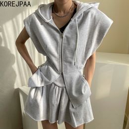 Women Sets Summer Korean Chic Girl Temperament Zipper Flying Sleeve Hooded Sweater Jacket High Waist Frayed Shorts 210514