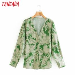 Women Retro Leaf Print Blouse Long Sleeve Chic Female Casual Loose Shirt Blusas Femininas XN260 210416