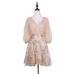 PERHAPS U Apricot V Neck Mesh Sequin Embroidery Mini Sexy Party Dress Women Spring Lantern Sleeve Short Dress Empire Dress D1075 210529