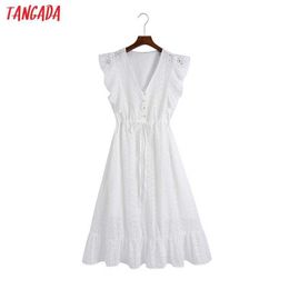 Tangada Women Embroidery Romantic Ruffles Cotton Dress Sleeveless Waist Strethy Females Midi Dresses Vestidos 6Z114 210609