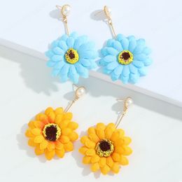 Trendy Sunflower Pearl Long Drop Earrings for Women Korean Fashion Cute Flower Statement Earrings Gifts