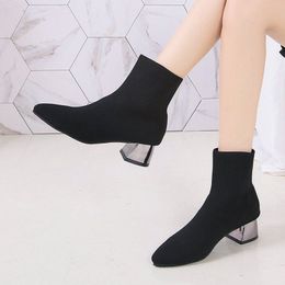 2021 Autumn Winter Sock Boots Knitted Stretch Fabric Women Boots High Heels Short Boots New Pointed Toe Women Shoes Ankle
