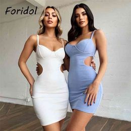 Foridol Knitted Soft Summer Dress Hollow Out Waist Sexy Party Club Women Bodycon Mini White Blue Vestidos 210415