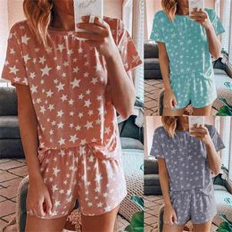 Summer Star Printing Tshirts Top And Shorts Two PCS Set Tracksuit Female Beach Casual 2 Piece Outfits For Women 210517