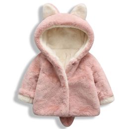 winter baby girl clothes rabbit ear coat plush warm snow 1-5 years old hooded jacket kid 211204