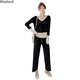 Autumn Kntting 2 Piece Sets Outfit Women V-neck Tops And Ankle-length Pants Suits Casual Fashion Korean Female 2 Pcs 210513