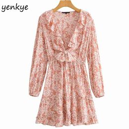 Vintage Floral Print Knot Dress Women Sexy Ruffle V Neck Long Sleeve A-line Mini Female Casual Holiday Summer 210514