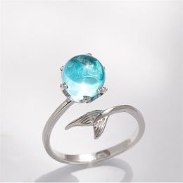 Crystal Blue Fishtail Open Finger Engagement Ring For Women Adjustable Rings Glamour Jewellery Gift