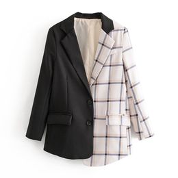 Women Office Wear Plaid Patchwork Blazer Coat Long Sleeve Pockets Female Outerwear Casual Suit Blazers Chic Tops 210430