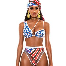 High Waist Bikini Women Swimwear Totem Print Swimsuit African Biquini Bandage Bikinis Strappy Bathing Suit Halter Beachwear 210520