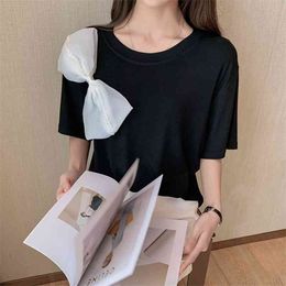 Fashion women's knitted t-shirt wild big bow short-sleeved loose round neck top 210520