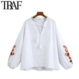 Women Fashion Floral Embroidery Loose Blouses Vintage Tied Tassel V Neck Long Sleeve Female Shirts Chic Tops 210507