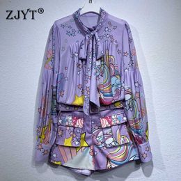 Summer Runway Two Piece Set Women Purple Suit Bow Collar Star Print Shirt and Shorts Twinset Elegant Holiday Outfits 210601