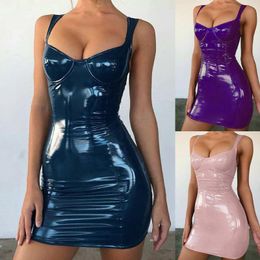 Sexy Shine Wrapped Chest Hip Sling Waist Pleated Dress Streetwear Party Faux Leather Women Bandage Backless Casual Dresses