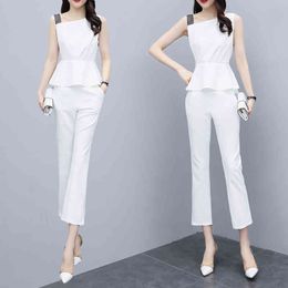 Professional Suit Women Summer New Sleeveless Waist Top and Pants Fashion Slim Office Lady Business Two Piece Pants Set X0428