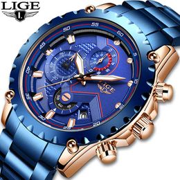 LIGE Mens Watches Stainless Steel Waterproof Watch Men Fashion Sport Quartz Watch Men business Date Clock Relojes Hombre+Box 210527