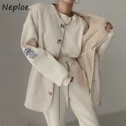 Neploe Fashion Versatile Women Pant Sets Letter Printed Long-sleeve Knit Tops + Drawstring Quilted Vest Jacket Female Two-piece 211126