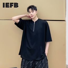 IEFB Fashion Korean Trend V-neck Zipper Design Simple Temperament Loose Short Sleeve T-shirt Black Casual Tee Tops 7047 210524