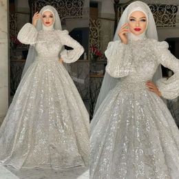 2022 Muslim A Line Wedding Dresses Loose Long Sleeve Bridal Gowns Lace Applique Vintage Sequin Customise vestido de novia