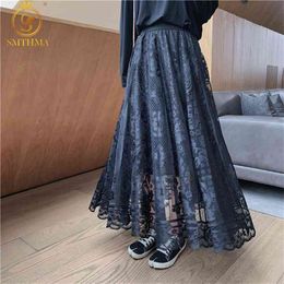 HMA Elastic High Waist Lace Skirts Womens Spring Autumn Korean Elegant Casual A-Line Black Long Mujer Faldas Female 210629