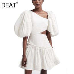 DEAT summer fashion women clothes asymmetrical collar short lantern sleeves high waist hollow out A-line mini dress 210428
