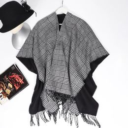 Scarves Fashion Plaid Women Winter Warm Poncho Wrap Knitted Cashmere Capes Shawl Cardigans Cloak Elegant Double Side Scarf Outerwear