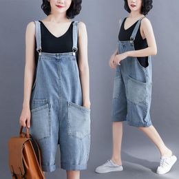 Plus Size Denim Overall Shorts Women 2021 Summer Korean Style Spaghetti Strap Pocket Slim Fit Casual Half Jeans Women's