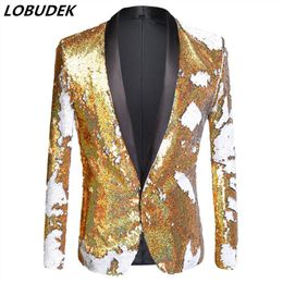 Plus Size Men's Gold White Double Color Sequins Blazers Singer Bar Nightclub Stage Performance Suit Jacket Wedding Prom Host Costume