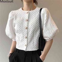 Korean Vintage Women Blouses Shirt Summer Puff Sleeve O-neck Single Breasted Tops Elegant Ladies Fashion Blusas Mujer 210513