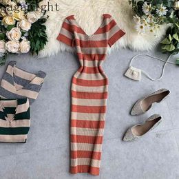 Gaganight Striped Knitted Women Midi Dress Short Sleeves V Neck Bodycon Slim Party Dresses Ladies Casual Vintage Chic Elastic 210519