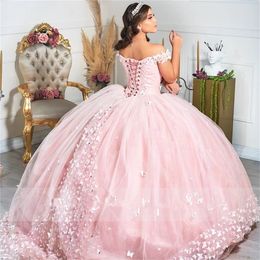 Light Pink Butterfly Quinceanera Dresses Puffy Ball Gown Off Shoulder Lace Appliques Sweet 15 16 Dress Graduation Prom Gowns Vesti307k