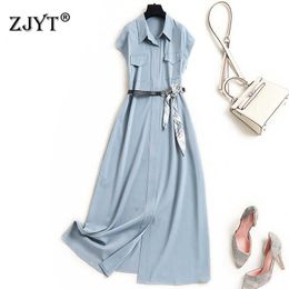 Fashion Designers Summer Short Sleeve Turn Down Collar Solid Mid Calf Casual Shirt Dress with Belt 210601