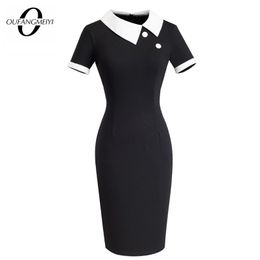 Women Elegant Black Contrast Patchwork Work Office Business Sheath Vintage Button Turn-down Collar Pencil Dress EB506 210409