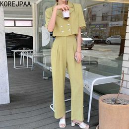Korejpaa Women Sets Summer Korean Retro Temperament Lapel Double-Breasted Short-Sleeved Jacket High-Waisted Wide-Leg Pant 210526
