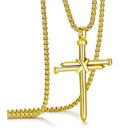 18-28 Inch Box Chain Gold Stainless Steel Nail Cross Pendant Necklace Christian Jewelry Religious Gift for Men Boys