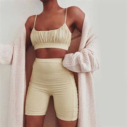 Women Summer Two Piece Set Sport Crop Top Ruched Spaghetti Strap And Pants Biker Shorts Casual Black Sleeveless Workout Y0702