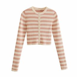 Slim Women Knitted Cardigan Spring-autumn Fashion Ladies O Neck Knitwear Vintage Female Stripe Stretchy Soft Sweater 210515