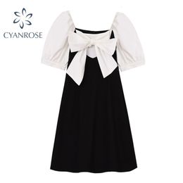 Summer French Vintage Bow Dress Women Elegant Temperament Square Collar Mini Vestidos Lady Korean Chic Clothing 210515