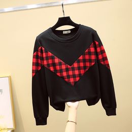 Autumn Women's O Neck Long Sleeves Plaid Patchwork Pullover Casual Tops Girls Ladies Hoodies Sweatershirt A3994 210428