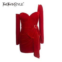 Bowknot Diamond Slim Dress For Women Irregular Collar Long Sleeve Asymmetrical Mini Dresses Female Fashion 210520