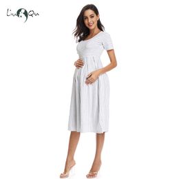 Womens Short Sleeve Knee Length Striped Maternity Dress Casual Pregnancy Clothes Loose Summer Pregnant Dress Premama Baby Shower Q0713