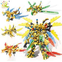 HUIQIBAO 727pcs Ninja Gold Dragon Knight Mecha Weapon Building Blocks City Robot Fight Ninja Figures Bricks Toys Children 4in1 Y1130