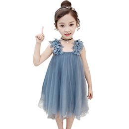 Girls Mesh Dress Flower Appliques Party Kids Cute Style Clothes 6 8 10 12 14 210528