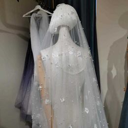 Fashion Cathedral Long Wedding Veils Lace With Comb 3d Flowers Pearls Amazing Wow Bridal Veil With pearl Wedding Accessories X0726