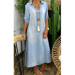 Casual Dresses Summer Denim Half Sleeve Long Ladies Women Fashion Vintage Loose Shirt Dress Comdy Breathable Maxi