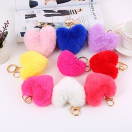 Heart Ball Pom Keychain Fluffy Faux Rabbit Fur Pompom Key Chains Women Bag pendant Jewelry KeyChains