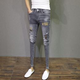 Men's Jeans Washed Fashion Ripped Holes Distressed Gray Feet Trousers Spring Youth Bee Embroidery Trend Slim Teenager Pencil